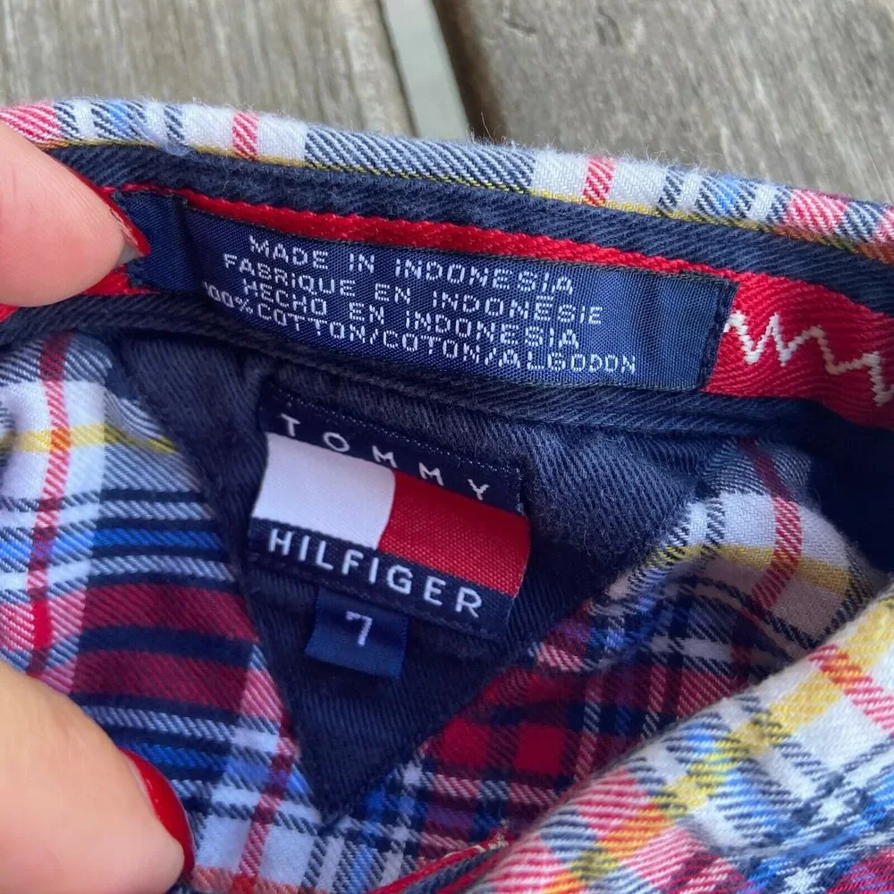 Tommy Hilfiger Boys Shirt Size 7 Blue Red Yellow White Plaid Flannel Button Down